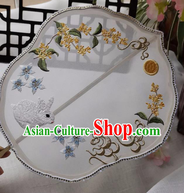 China Handmade Embroidered Osmanthus Rabbit Palace Fan Classical White Silk Fan Traditional Hanfu Princess Fan