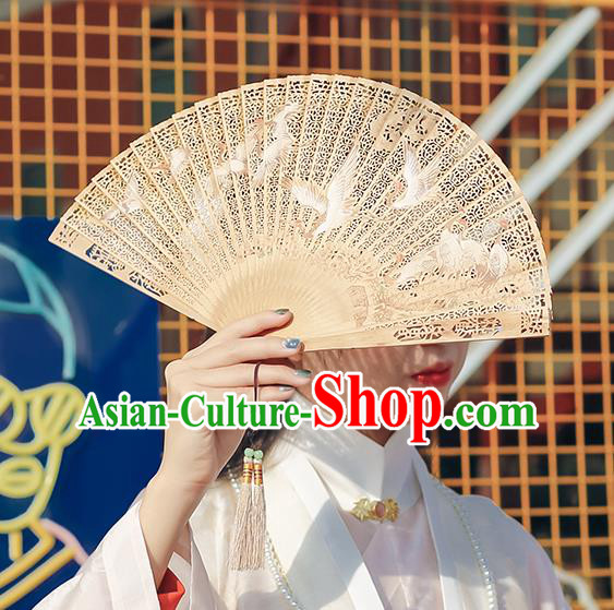 Chinese Handmade Sandalwood Folding Fan Hollow Accordion Classical Printing Cranes Fan
