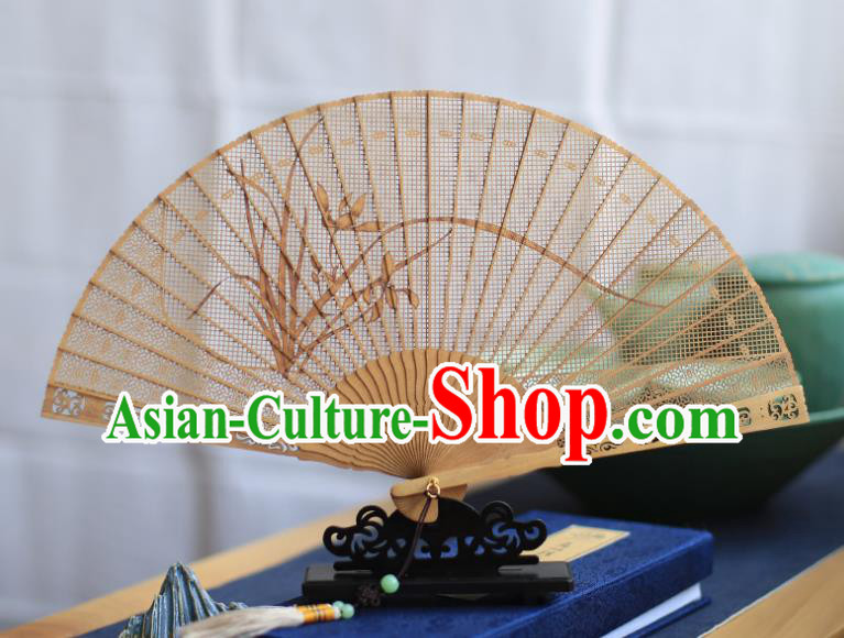 Chinese Handmade Carving Orchids Fan Hollow Sandalwood Accordion Classical Folding Fan