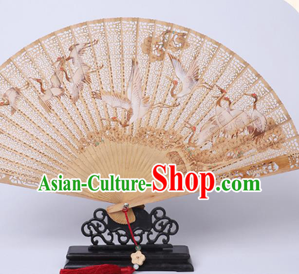 Chinese Handmade Sandalwood Folding Fan Hollow Accordion Classical Printing Cranes Fan