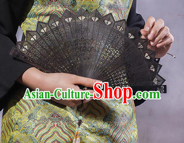 Chinese Classical Folding Fan Handmade Carving Fan Hollow Ebony Accordion