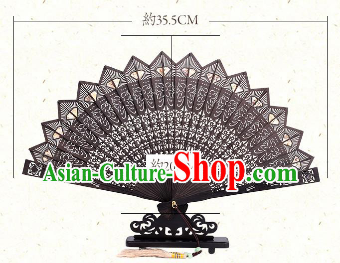 Chinese Classical Folding Fan Handmade Carving Fan Hollow Ebony Accordion