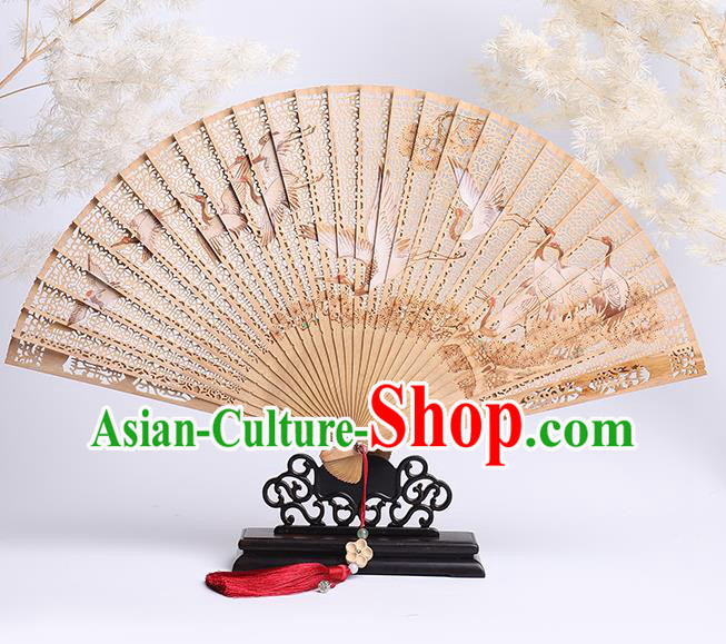 Chinese Hollow Sandalwood Accordion Handmade Fan Craft Classical Printing Cranes Folding Fan