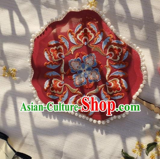 China Traditional Song Dynasty Princess Fan Handmade Embroidered Palace Fan Classical Wedding Red Silk Fan