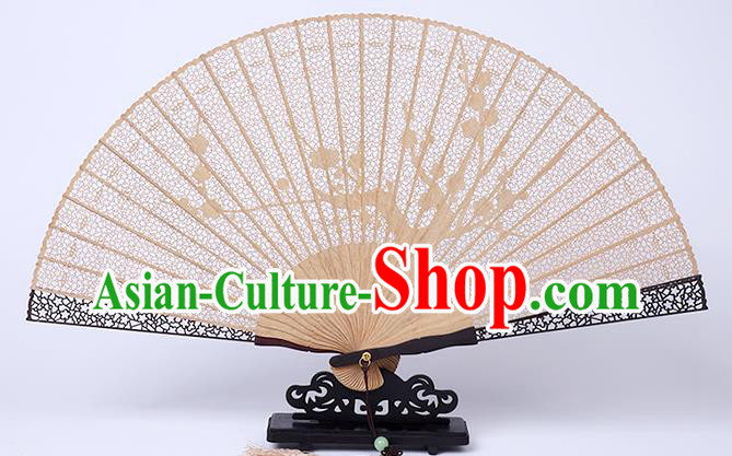 Chinese Classical Carving Plum Folding Fan Hollow Sandalwood Accordion Handmade Fan Craft