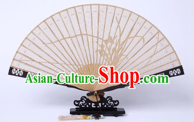 Chinese Hollow Sandalwood Accordion Handmade Ebony Fan Craft Classical Carving Orchids Folding Fan