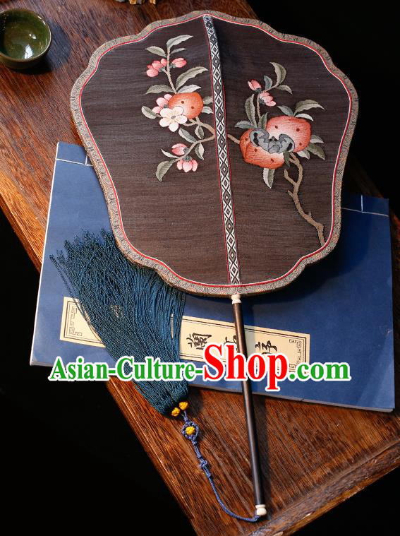 China Traditional Ming Dynasty Hanfu Fan Handmade Embroidered Peach Palace Fan Classical Black Silk Fan