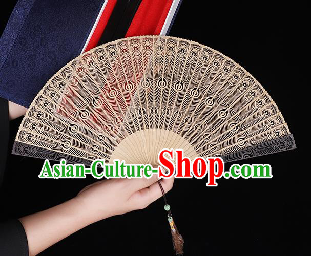 Chinese Handmade Hollow Sandalwood Accordion Carving Peacock Feather Fan Craft Classical Folding Fan