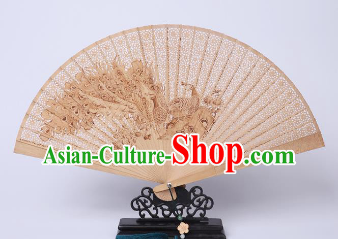 Chinese Classical Folding Fan Handmade Sandalwood Accordion Printing Peacock Fan Craft