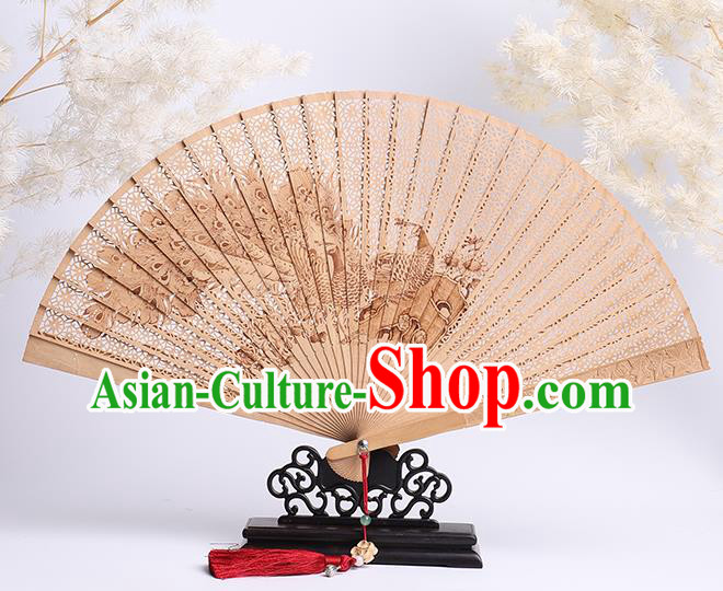 Chinese Classical Folding Fan Handmade Sandalwood Accordion Printing Peacock Fan Craft