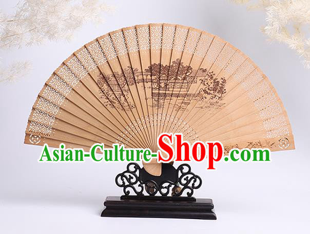 Chinese Handmade Sandalwood Accordion Printing Jiangnan View Fan Craft Classical Folding Fan