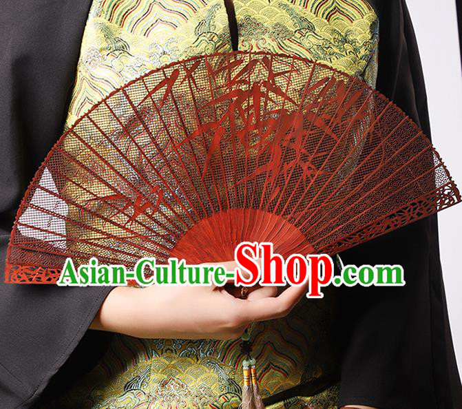 Chinese Hollow Sandalwood Accordion Classical Folding Fan Handmade Carving Bamboo Leaf Fan Craft