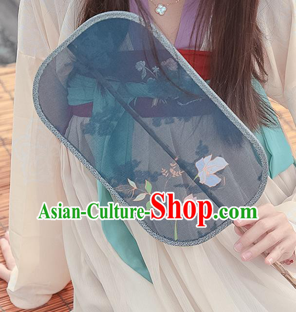 China Classical Navy Silk Fan Handmade Palace Fan Traditional Tang Dynasty Princess Fan