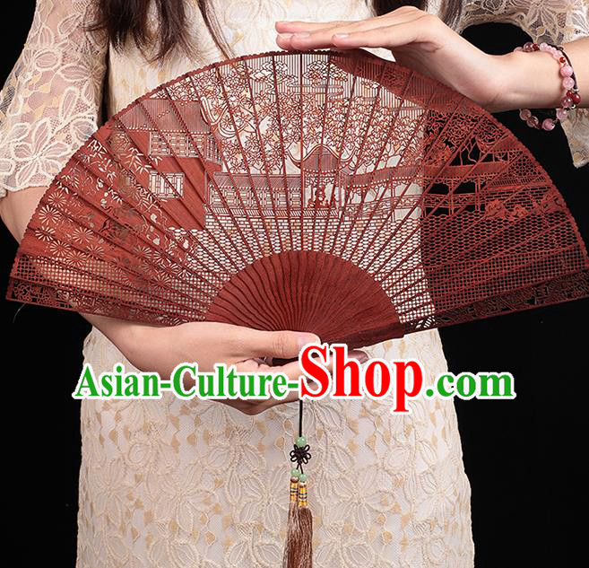 Chinese Traditional Red Sandalwood Accordion Classical Folding Fan Handmade Hollow Fan