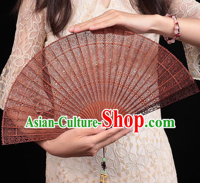 Chinese Classical Folding Fan Handmade Hollow Fan Traditional Red Sandalwood Accordion