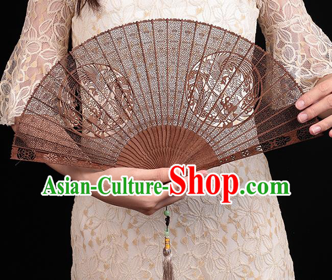 Chinese Traditional Sandalwood Accordion Classical Folding Fan Handmade Carving Dragon Phoenix Fan