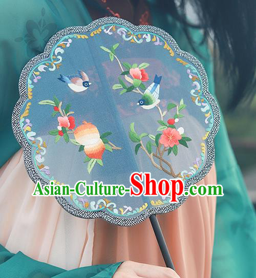 China Traditional Song Dynasty Wedding Fan Classical Blue Silk Fan Handmade Embroidered Palace Fan