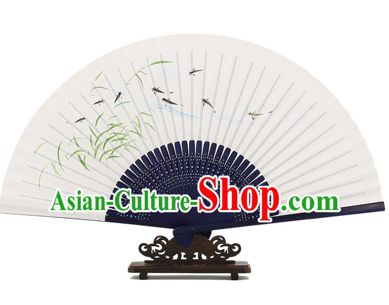 Chinese Handmade Painting Reed Fishes Fan Traditional Paper Accordion Classical Folding Fan