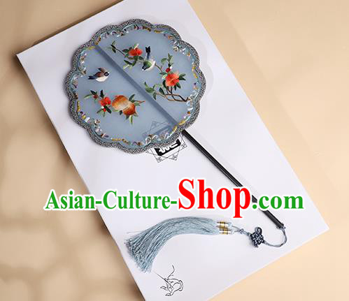 China Traditional Song Dynasty Wedding Fan Classical Blue Silk Fan Handmade Embroidered Palace Fan