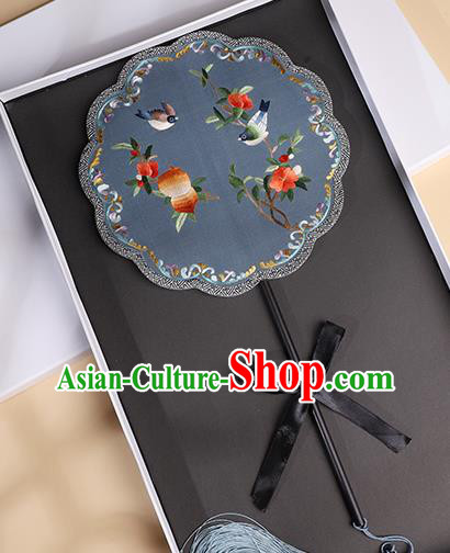 China Traditional Song Dynasty Wedding Fan Classical Blue Silk Fan Handmade Embroidered Palace Fan
