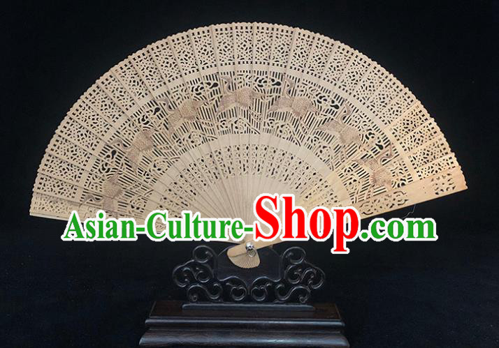 Chinese Traditional Carving Cranes Accordion Classical Folding Fan Handmade Sandalwood Fan