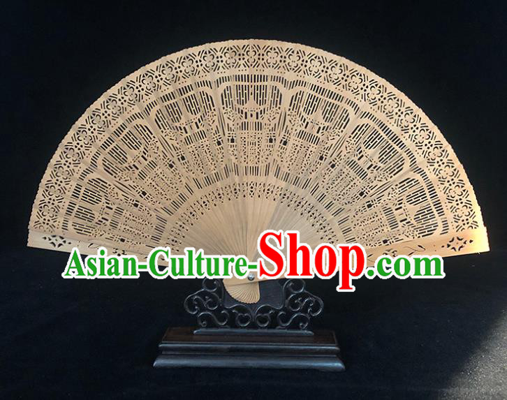 Chinese Classical Folding Fan Handmade Sandalwood Fan Traditional Carving Pavilion Accordion