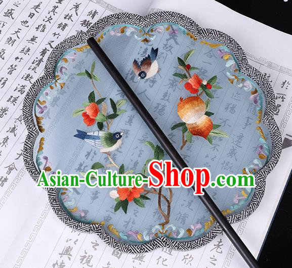 China Traditional Song Dynasty Wedding Fan Classical Blue Silk Fan Handmade Embroidered Palace Fan