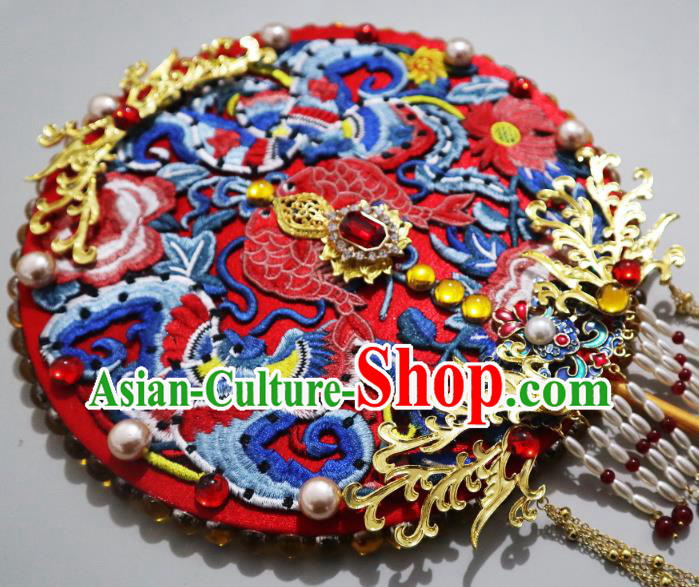 China Classical Pearls Tassel Circular Fan Traditional Wedding Fan Handmade Embroidered Red Palace Fan
