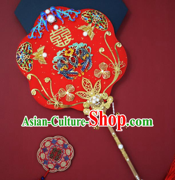 China Handmade Blueing Phoenix Palace Fan Classical Red Fan Traditional Wedding Fan