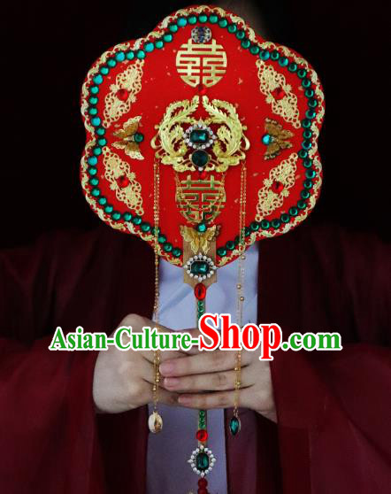 China Handmade Green Crystal Palace Fan Classical Bride Red Fan Traditional Wedding Silk Fan