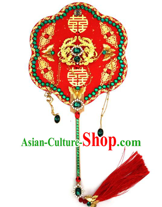 China Handmade Green Crystal Palace Fan Classical Bride Red Fan Traditional Wedding Silk Fan