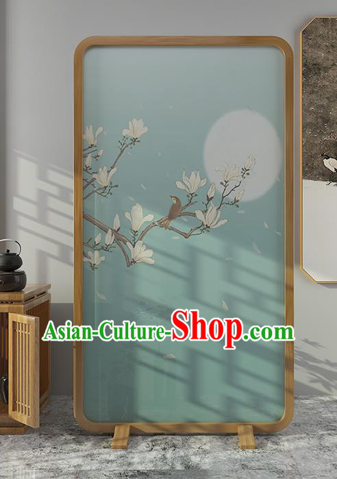 Chinese Printing Mangnolia Green Silk Folding Screen Handmade Wood Screen