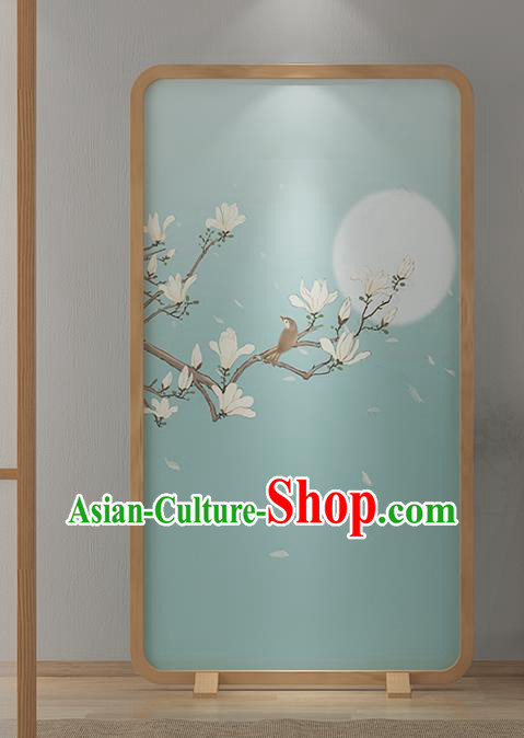 Chinese Printing Mangnolia Green Silk Folding Screen Handmade Wood Screen