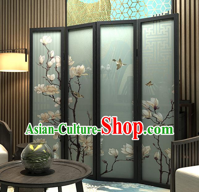 Chinese Handmade Rosewood Screen Printing Mangnolia Folding Screens