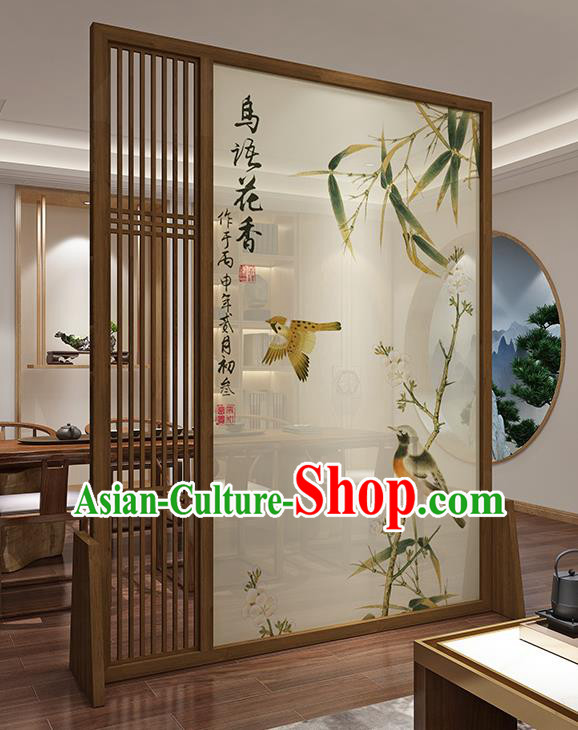 Chinese Handmade Printing Bamboo Bird Floor Screen Walnut Moving Screen