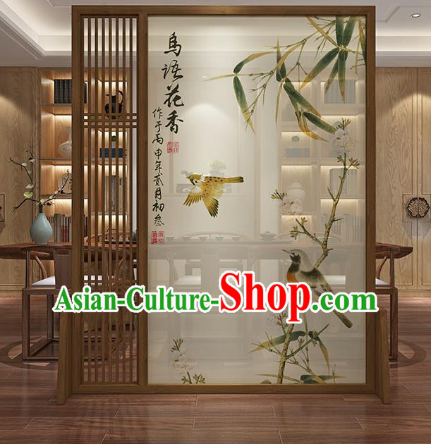 Chinese Handmade Printing Bamboo Bird Floor Screen Walnut Moving Screen