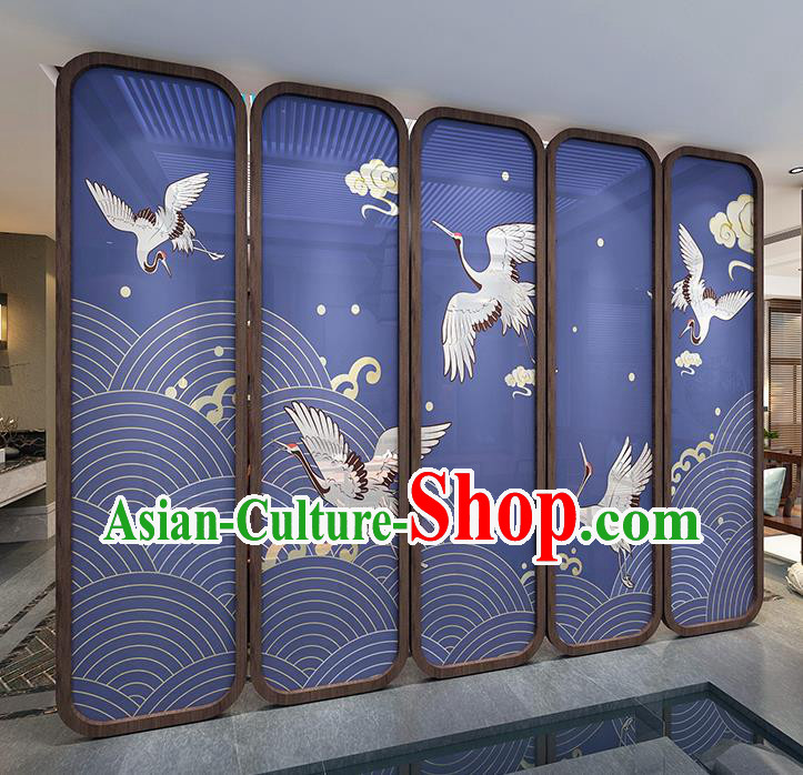 Chinese Handmade Walnut Screen Printing Crane Blue Silk Folding Screens