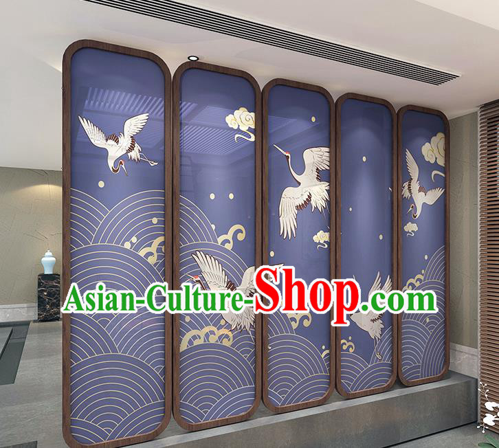 Chinese Handmade Walnut Screen Printing Crane Blue Silk Folding Screens