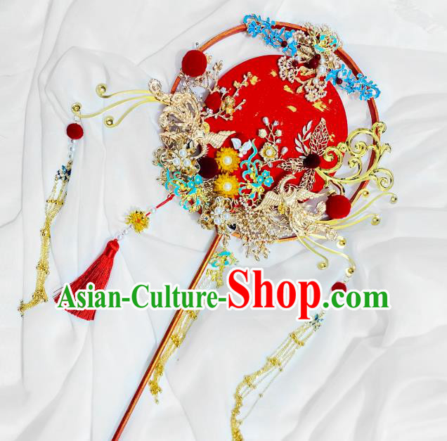 China Classical Wedding Hanfu Fan Traditional Golden Phoenix Tassel Fan Handmade Palace Fan