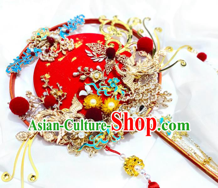 China Classical Wedding Hanfu Fan Traditional Golden Phoenix Tassel Fan Handmade Palace Fan