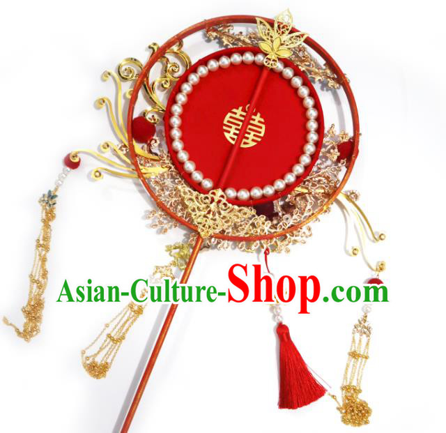 China Classical Wedding Hanfu Fan Traditional Golden Phoenix Tassel Fan Handmade Palace Fan