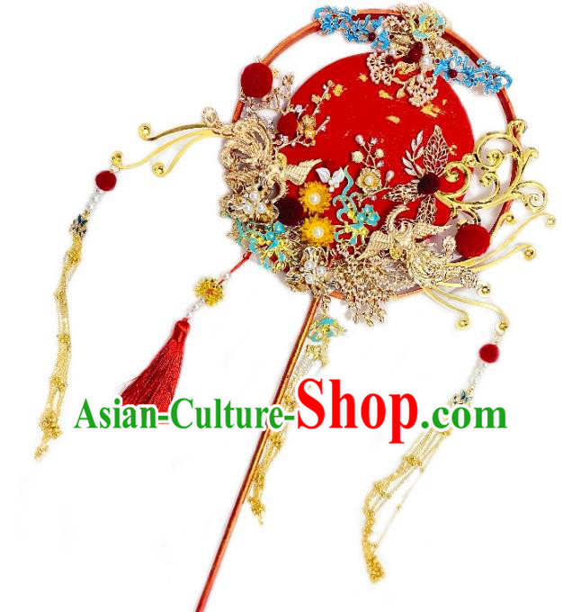 China Classical Wedding Hanfu Fan Traditional Golden Phoenix Tassel Fan Handmade Palace Fan