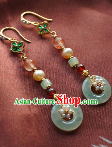China Traditional Cheongsam Jade Peace Buckle Earrings Handmade Pearls Ear Accessories