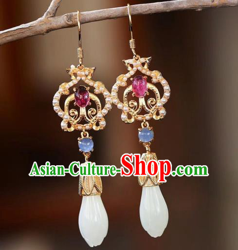China Handmade Jade Mangnolia Ear Accessories Traditional Cheongsam Tourmaline Earrings