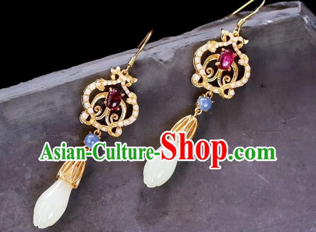 China Handmade Jade Mangnolia Ear Accessories Traditional Cheongsam Tourmaline Earrings