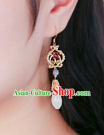 China Handmade Jade Mangnolia Ear Accessories Traditional Cheongsam Tourmaline Earrings
