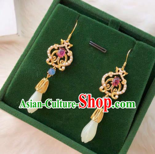 China Handmade Jade Mangnolia Ear Accessories Traditional Cheongsam Tourmaline Earrings