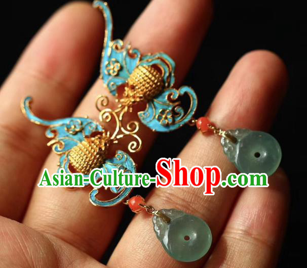 China Handmade Blueing Bat Ear Accessories Traditional Qing Dynasty Court Earrings