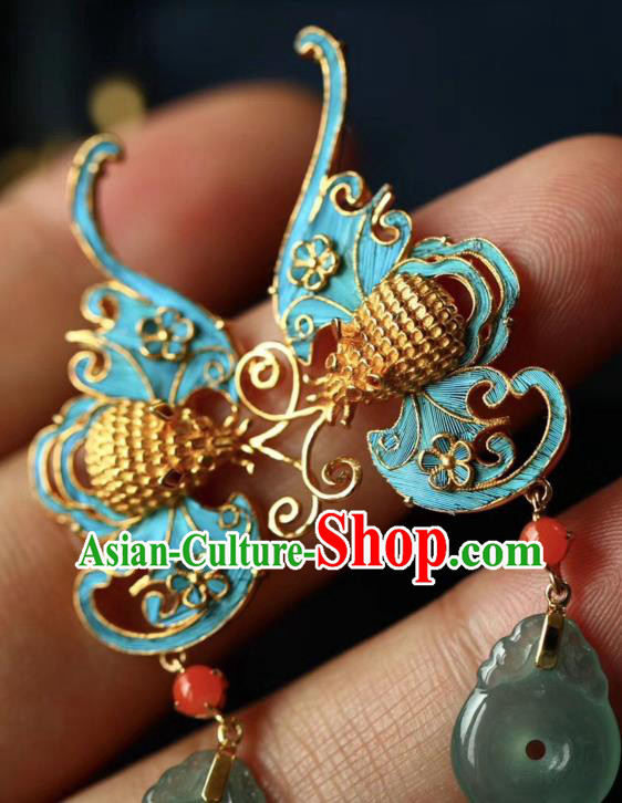 China Handmade Blueing Bat Ear Accessories Traditional Qing Dynasty Court Earrings