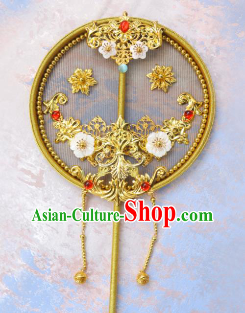 China Traditional Wedding Golden Circular Fan Handmade Palace Fan Classical Hanfu Fan